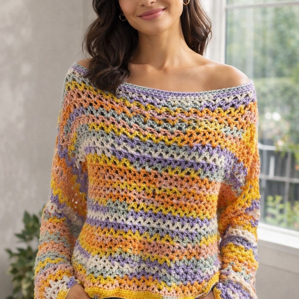 Women’s Multicolor Crochet Boatneck Sweater